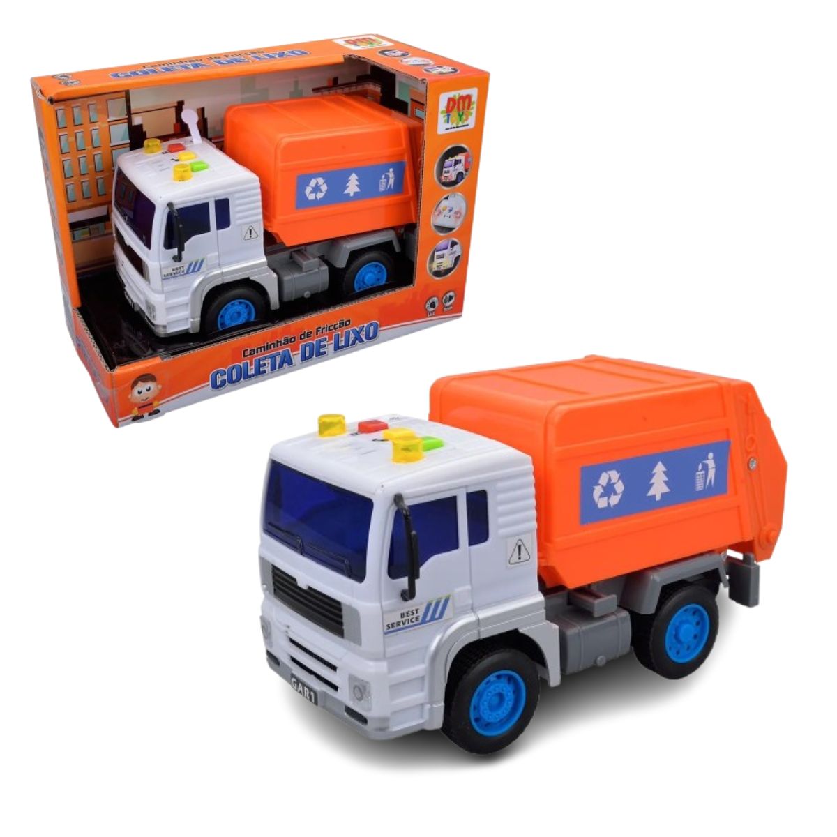 Caminhão Fricção Coleta Lixo Laranja Com Som E Luz - Dm Toys Caminhão Fricção Coleta Lixo Laranja Com Som E Luz - Dm Toys